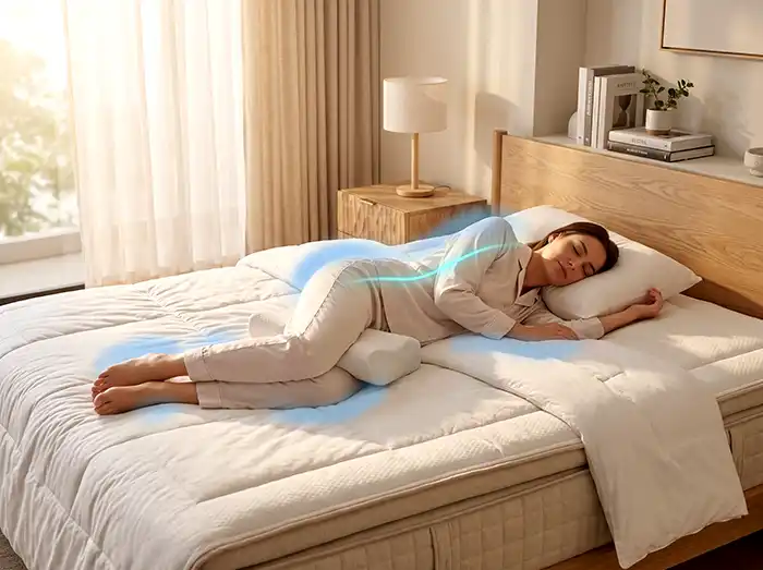 Posisi tidur ergonomis penderita saraf kejepit dengan bantal di antara kedua lutut atau di bawah lutut